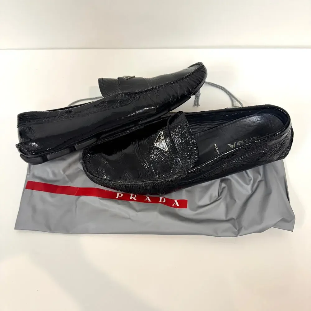 PRADA Black Patent Leather Silver Triangle Logo Driving Loafer 10 Moccasin Shoes